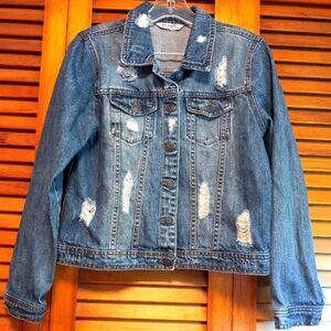 Distressed Blue Denim Trucker Jean Jacket blu [Edit] Size M